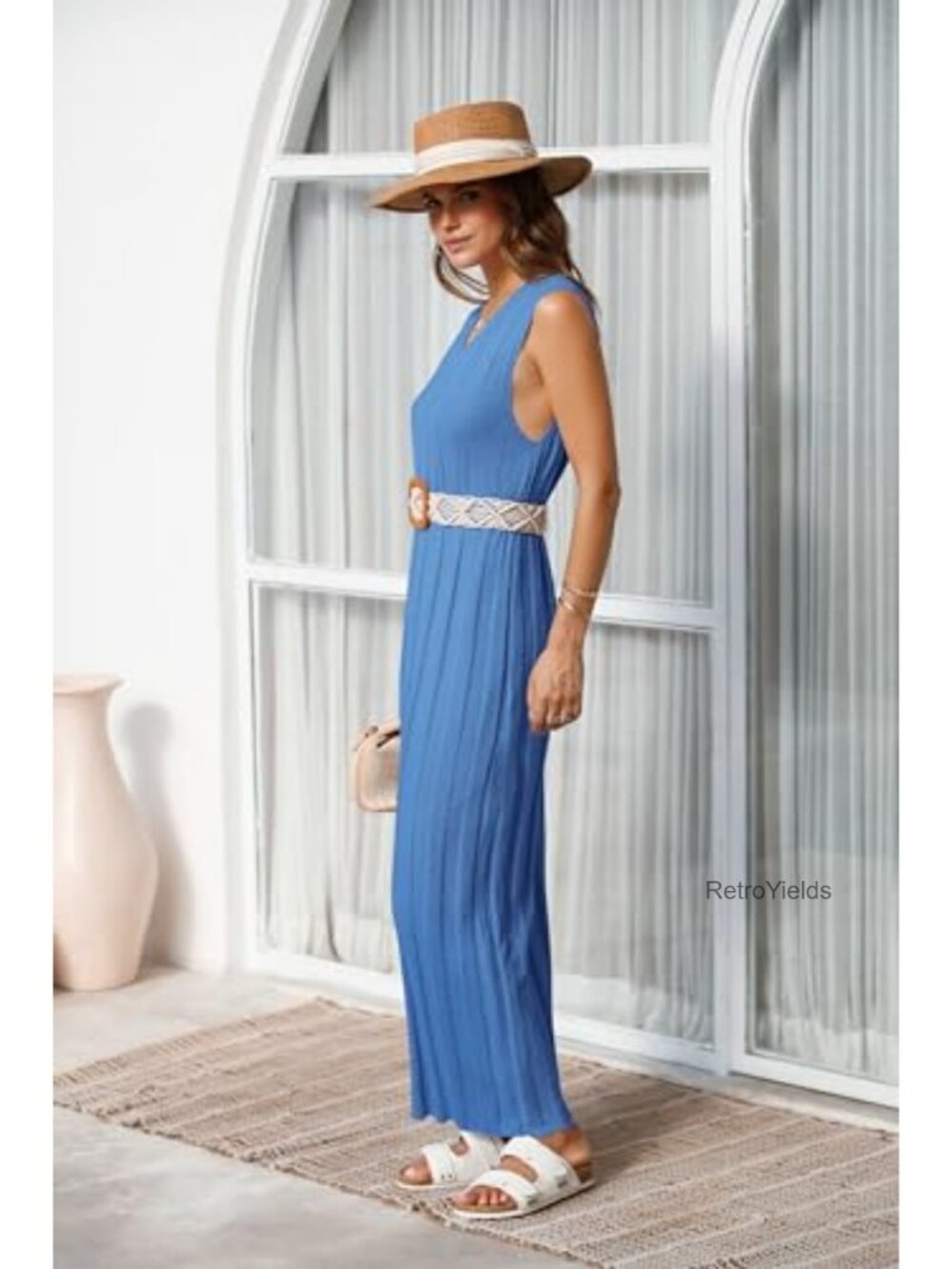 Sleeveless Ribbed Knit Tank Maxi Dress Scoop Neck Summer Casual - Picture 2 of 6